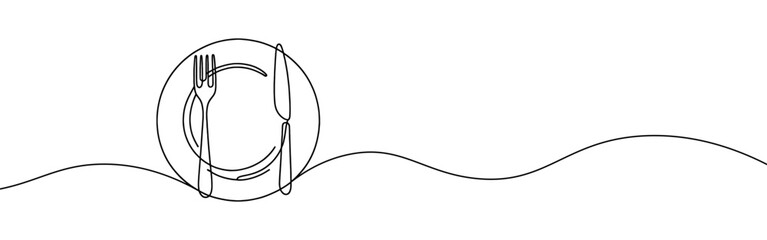 Plate with knife and fork continuous one line drawing. Tableware, dinnerservice, menu concept in simple linear style. Vector illustration.