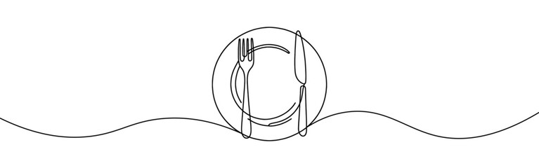 Plate with knife and fork continuous one line drawing. Tableware, dinnerservice, menu concept in simple linear style. Vector illustration.