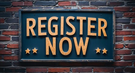 register now lettering on a signage in brick wall dark background