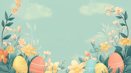 Happy Easter background with colorful decorated eggs and spring flowers on a pastel green backdrop. Festive vector illustration for greeting cards, posters, and packaging design templates.