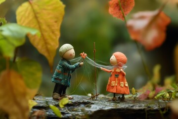 Two charming miniature figures exchange gifts amidst a backdrop of colorful autumn leaves and delicate spiderwebs