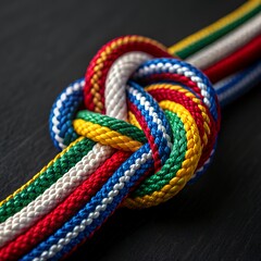 Colorful braided ropes, Vibrant interwoven cords, Macro photography, Textured fibers, Red, blue, green, yellow, white