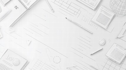 white desk flatlay with paper documents pens and globe