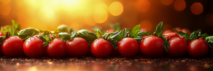 Culinary concept: Juicy cherry tomatoes with fresh basil leaves glistening in warm light, ideal for menu, recipe, or healthy eating promotion