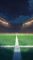 An illustration of an empty football stadium with bright lights shining down onto the green grass
