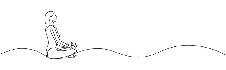 Obraz premium Woman sitting in meditation continuous one line drawing. Yoga sign in simple linear style. Vector illustration.