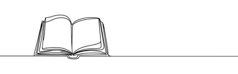 Open book continuous one line drawing. Bookstore, library sign in simple linear style. Vector illustration.