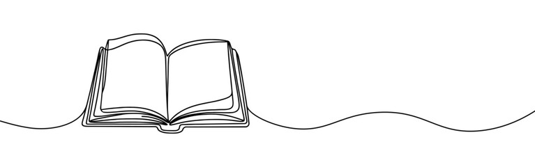 Open book continuous one line drawing. Bookstore, library sign in simple linear style. Vector illustration.