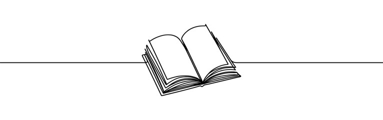 Open book continuous one line drawing. Bookstore, library sign in simple linear style. Vector illustration.