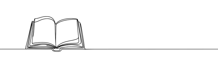 Open book continuous one line drawing. Bookstore, library sign in simple linear style. Vector illustration.