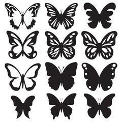 Flying butterflies silhouette black set isolated on transparent background