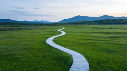 aerial view of winding wooden pathway through vibrant green marshland leading towards horizon