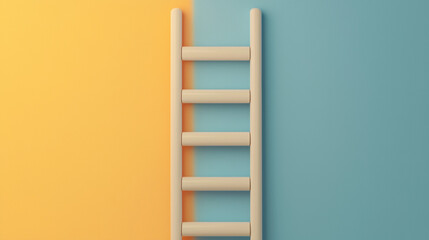 A minimalist wooden ladder stands against a colorful split background of yellow and teal, creating a modern and stylish aesthetic.