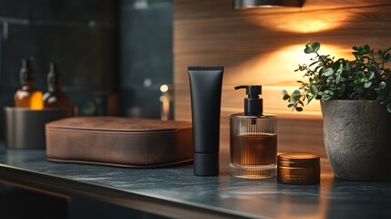 Luxury skincare shelf showcasing premium mens grooming products in a stylish bathroom