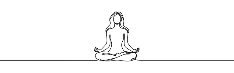 Woman sitting in meditation continuous one line drawing. Yoga sign in simple linear style. Vector illustration.