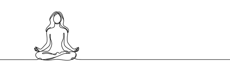 Woman sitting in meditation continuous one line drawing. Yoga sign in simple linear style. Vector illustration.
