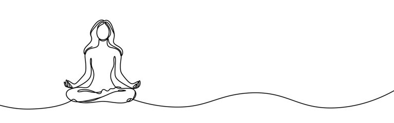 Woman sitting in meditation continuous one line drawing. Yoga sign in simple linear style. Vector illustration.