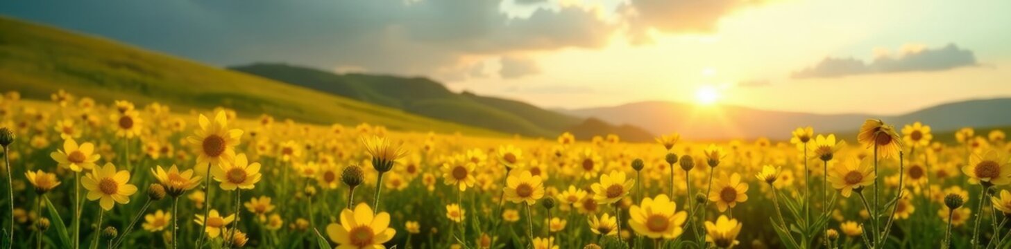 Desolada pradera con flores amarillas iluminadas por el sol, luz, paisaje, praderas