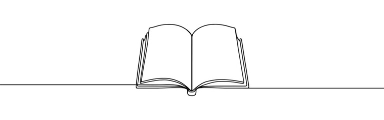 Open book continuous one line drawing. Bookstore, library sign in simple linear style. Vector illustration.