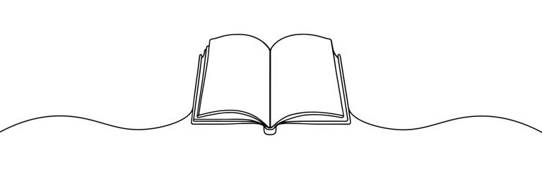 Open book continuous one line drawing. Bookstore, library sign in simple linear style. Vector illustration.