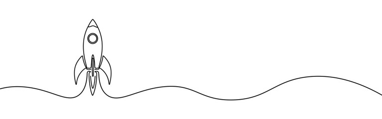 Rocket continuous one line drawing. Spaceship, rocket launch sign in simple linear style. Vector illustration.