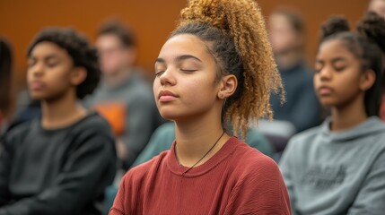 Obraz premium Diverse Group of Students Practicing Mindfulness in a Focused Setting for Enhanced Well-Being and Mental Clarity