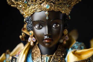 Close up of a beautiful african queen statue wearing an elaborate golden crown and jewelry, exuding regality and cultural richness