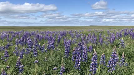 A meadow of wild lupines in shades of purple and blue, stretching towards the horizon under a partly cloudy sky.
