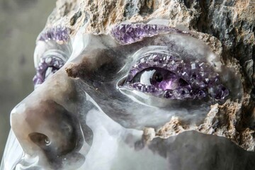 Stone sculpture of a face with amethyst eyes gazing upwards, symbolizing mystery, spirituality, and the fusion of nature and art
