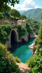 Fototapeta premium Lush Mediterranean greenery surrounds a secluded cove and ancient stone walls, landscape, garden, countryside