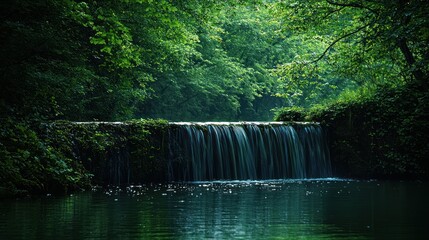 Tranquil waterfall cascading into a still forest pool