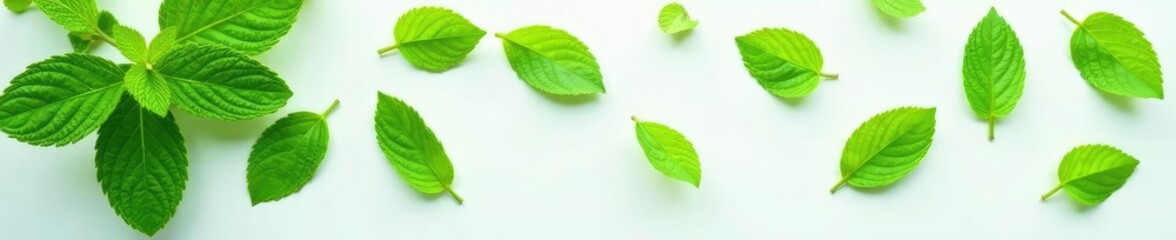 Fresh mint leaves scattered on a white surface, herb, foliage, closeup