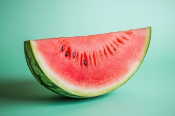 A single fresh watermelon slice against a light green background