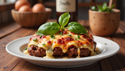 Whimsical lamb parmesan dish garnished with fresh basil, culinary delight