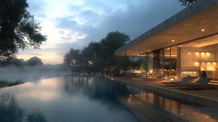 Fototapeta premium A serene hotel pool at dawn, with mist rising from the warm water, surrounded by minimalist wooden decking and comfortable lounge chairs.