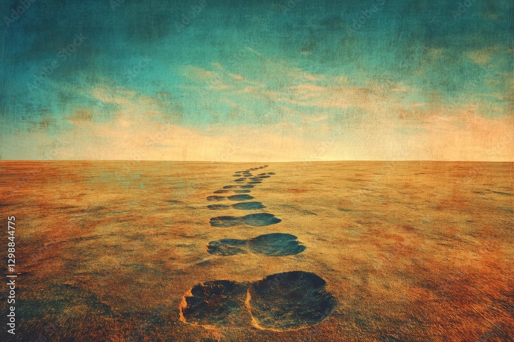 Poster unique footprints mark a path across a barren landscape during sunset under a vibrant sky. generativ