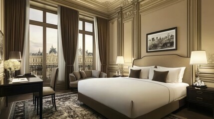 A serene hotel room decorated in earthy tones, showcasing a king-size bed with natural linen bedding, a writing desk by the window, and soft ambient lighting.