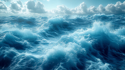 A close-up view of blue ocean waves in motion, capturing the powerful movement and texture of water in the sea