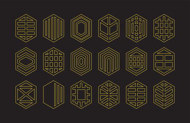 Golden elegant and modern assorted isolated thin outline pointy hexagon shapes emblems icons set design elements on black background poster