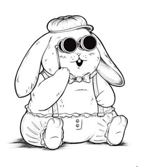 Chubby Bunny Wearing Hat, Trousers, and Suspenders Sitting with Vintage Binoculars