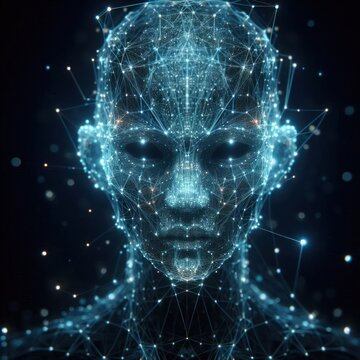 Futuristic digital alien head made of glowing blue particles and connections
