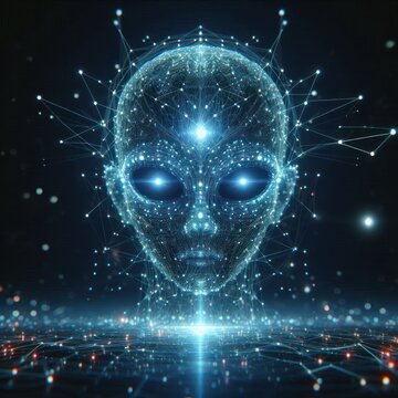 Futuristic digital alien head made of glowing blue particles and connections