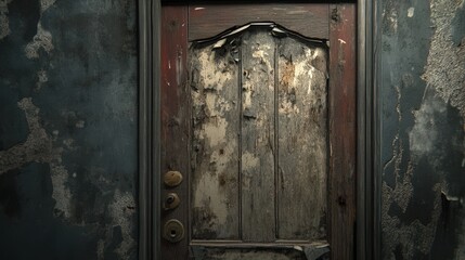 Old Weathered Wooden Door In Decaying Wall