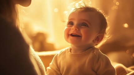 happy baby smiles at mother in warm golden light