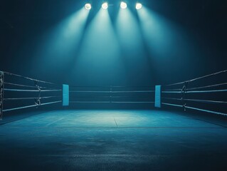 Dramatic View of an Empty Boxing Ring with Overhead Spotlights and Foggy Atmosphere
