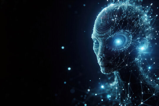 Futuristic digital alien head made of glowing blue particles and connections