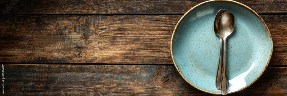 Poster Simple blue plate with utensils on rustic wooden table ready for a meal or gathering in a cozy dining space. Generative AI