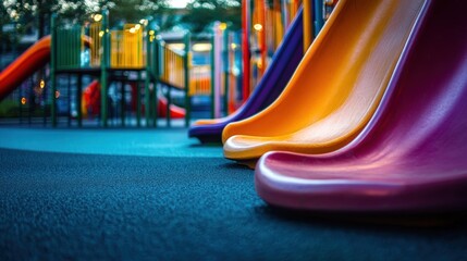 Colorful playground slides at dusk