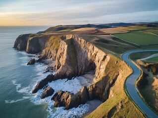 Aerial view of a winding coastal road hugging dramatic cliffs with waves crashing below, captured...