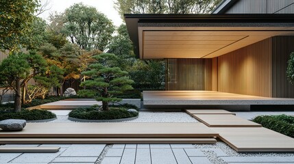 Modern Japanese garden exterior with wooden pavilion
